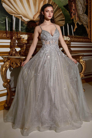 Vestido largo de fiesta de corte A con apliques