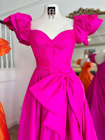 Lael | Robe de bal orange plissée coupe trapèze avec décolleté cœur et nœud