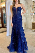 Lance | Robe de soirée longue sirène à fines bretelles en dentelle et sequins bleus