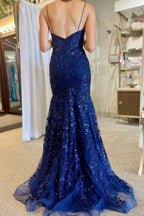 Lance | Robe de soirée longue sirène à fines bretelles en dentelle et sequins bleus