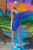 Sheath Beaded Satin Homecoming Dress with Slit
