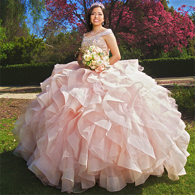 Dernière robe de bal longue en organza à motif bateau pour quinceañera