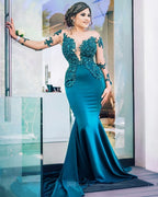 Último vestido largo de sirena de satén con joyas y mangas para baile de graduación