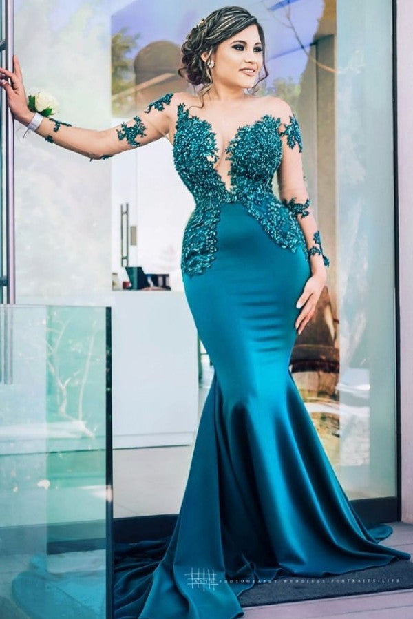 Último vestido largo de sirena de satén con joyas y mangas para baile de graduación