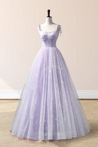 Lavender Tulle Straps Floor Length Evening Dress, Lavender A-Line Prom Dress