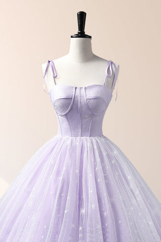 Lavender Tulle Straps Floor Length Evening Dress, Lavender A-Line Prom Dress