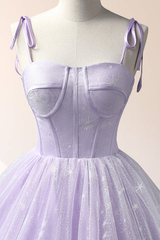 Lavender Tulle Straps Floor Length Evening Dress, Lavender A-Line Prom Dress
