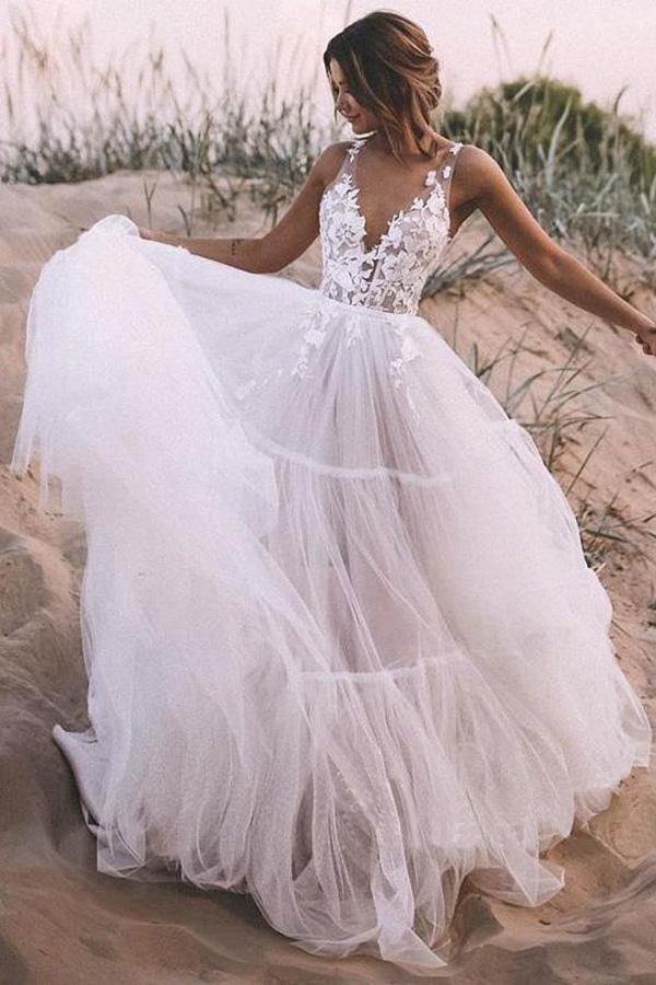 Robe de mariée d'extérieur en tulle à volants et dentelle, col en V, référence WD469