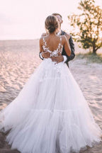 Robe de mariée d'extérieur en tulle à volants et dentelle, col en V, référence WD469
