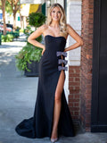 Lemus | Vestido de fiesta negro de sirena con escote corazón y lazo