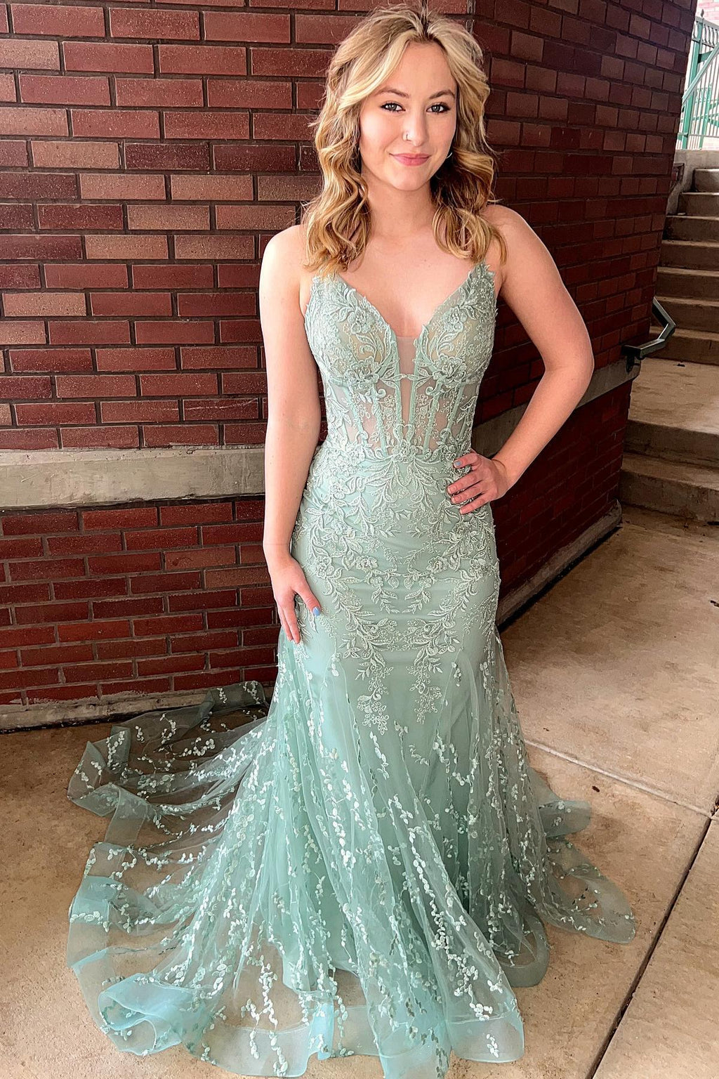 Lesha | Orange Lace Spaghetti Straps Mermaid Long Formal Dress