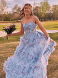 Leslie | Vestidos largos de fiesta de corte A, corte azul floral, corsé y volantes de tul