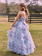Leslie | Vestidos largos de fiesta de corte A, corte azul floral, corsé y volantes de tul