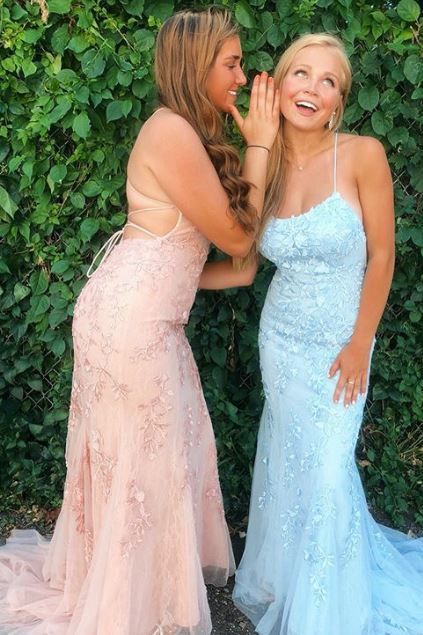 Robe de bal sirène bleu clair longue en dentelle dos nu