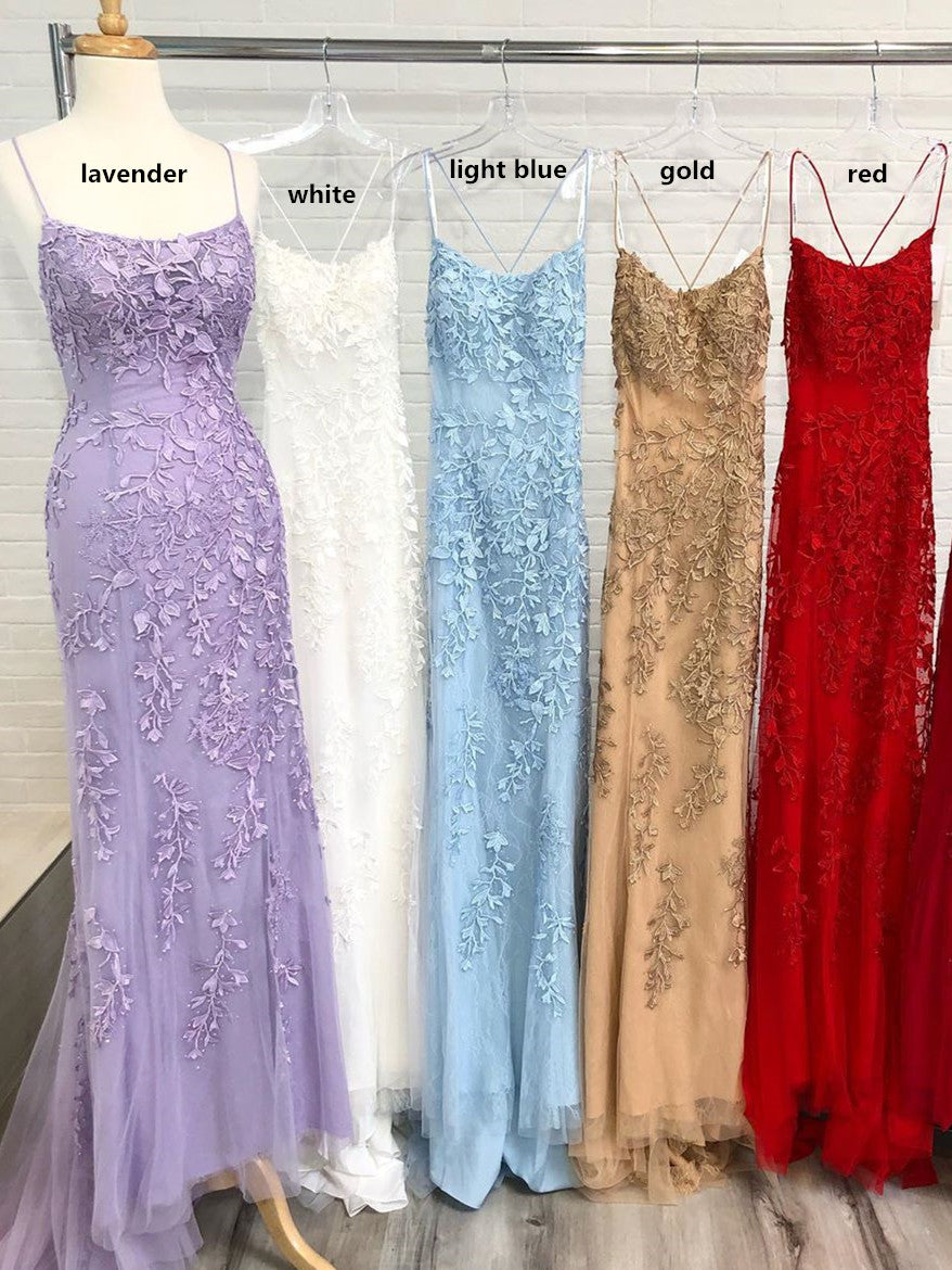 Robe de bal sirène bleu clair longue en dentelle dos nu