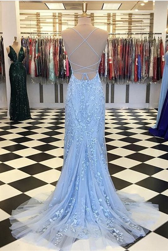 Robe de bal sirène bleu clair longue en dentelle dos nu