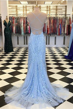 Robe de bal sirène bleu clair longue en dentelle dos nu