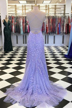 Robe de bal sirène bleu clair longue en dentelle dos nu