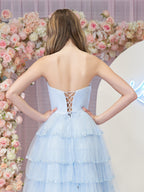 Braelyn | Light Blue Strapless Layered Tulle Prom Dress with Sequins