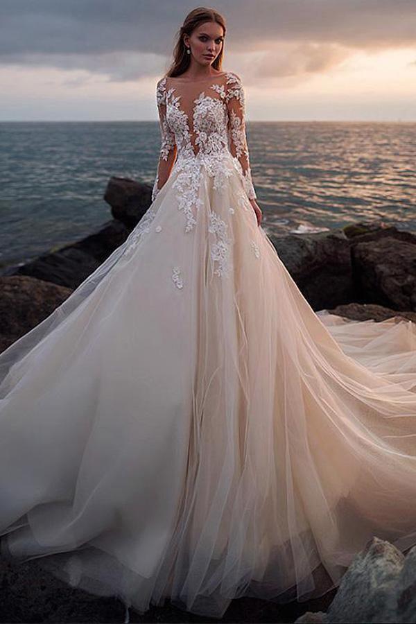 Vestido de novia playero de tul color marfil con mangas largas de encaje ilusión WD532