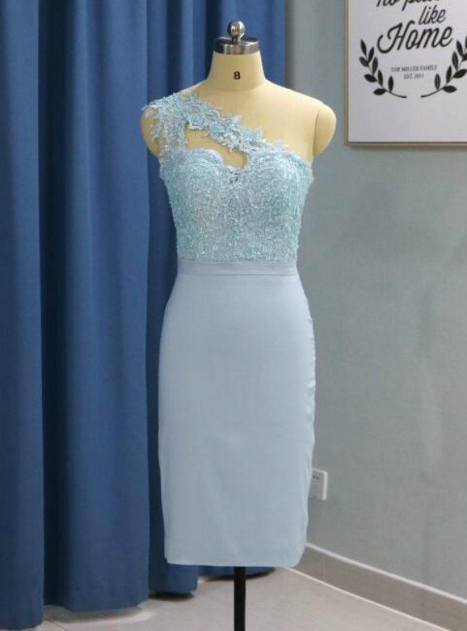 Robe de bal courte bleu ciel clair, longueur genou, asymétrique à une épaule, PD276