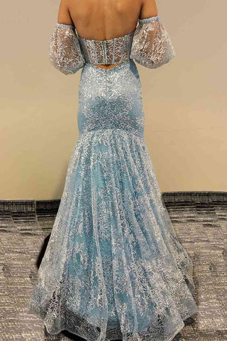 Vestido de sirena de encaje transparente con corsé y escote corazón color melocotón