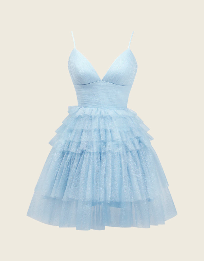 Vestido de fiesta de línea A con escote en V profundo y volantes