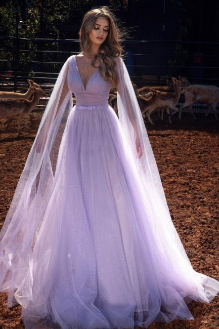 Robe de bal lilas trapèze longue à col en V et manches longues ornée de paillettes