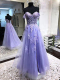 Robe de bal longue lilas en tulle et dentelle, épaules dénudées, coupe trapèze, style A-line