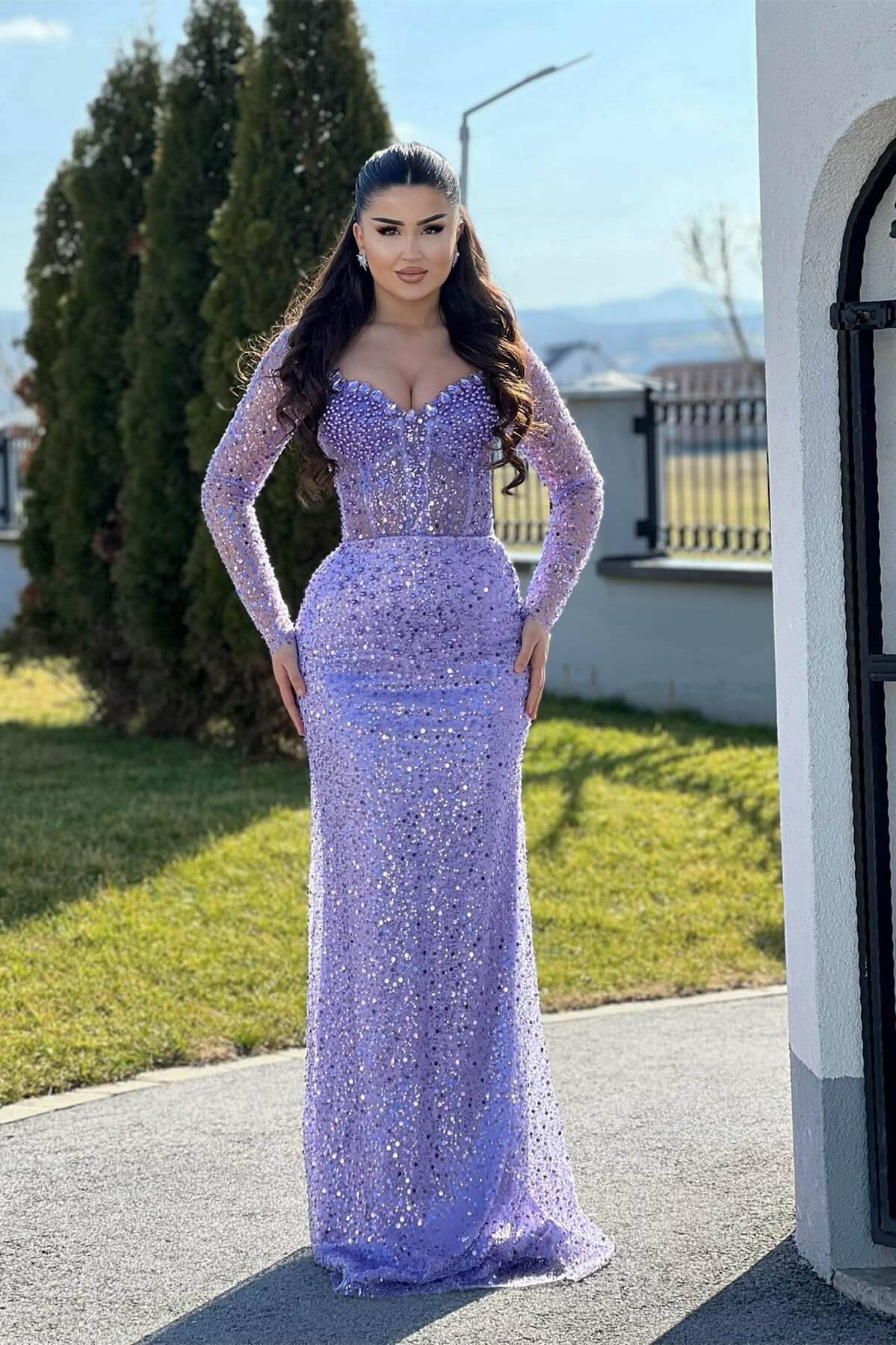 Lilac Mermaid Prom Dresses with Long Sleeves Sequins Beadings and Pearls