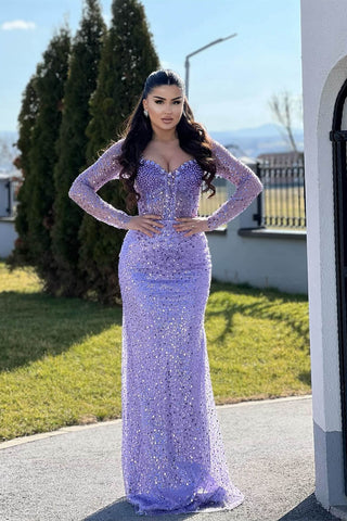 Lilac Mermaid Prom Dresses with Long Sleeves Sequins Beadings and Pearls