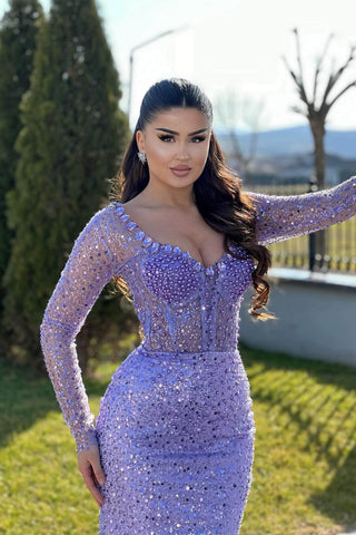 Lilac Mermaid Prom Dresses with Long Sleeves Sequins Beadings and Pearls