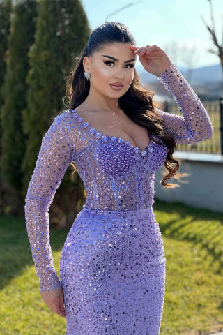 Lilac Mermaid Prom Dresses with Long Sleeves Sequins Beadings and Pearls