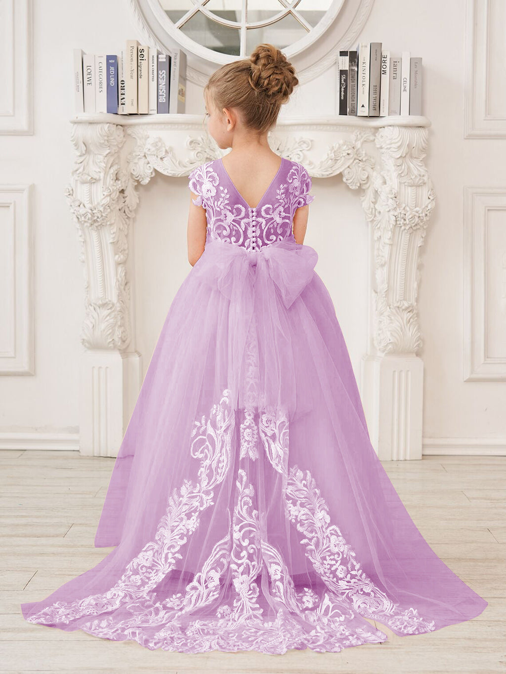 Vestido rosa de niña de las flores, corte en A, encaje, tul y cola corta 