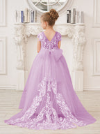 Vestido rosa de niña de las flores, corte en A, encaje, tul y cola corta 