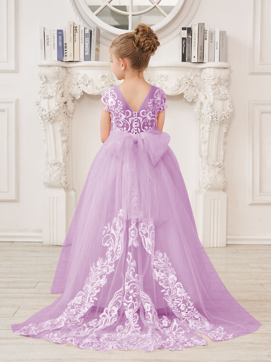 Vestido rosa de niña de las flores, corte en A, encaje, tul y cola corta 