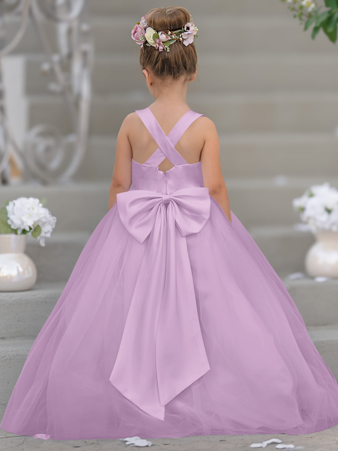 Vestido de niña de las flores clásico de corte en A sin mangas en satén y tul 