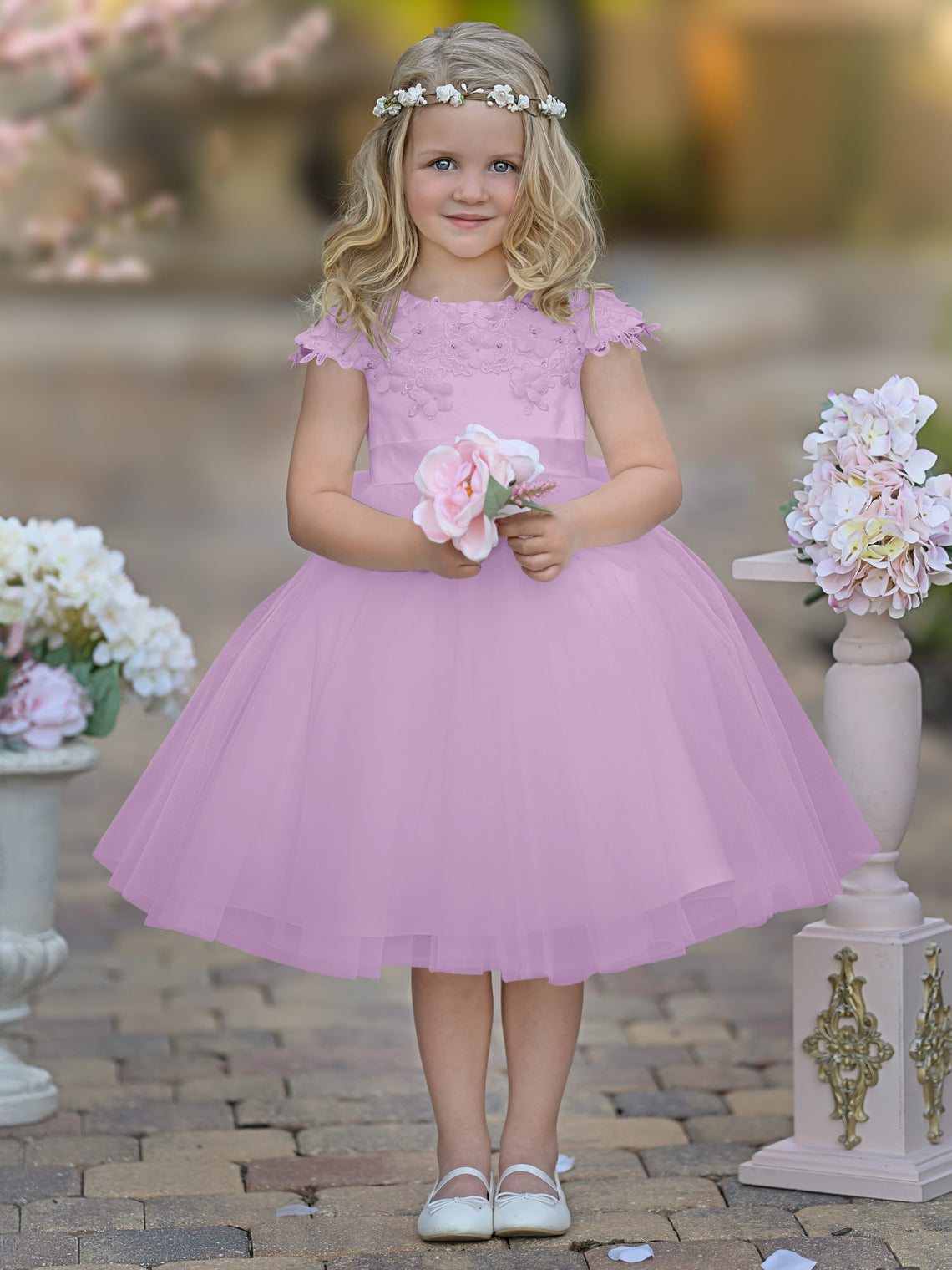 Vestido de niña de las flores de la Primera Comunión, color marfil, de tul satinado hasta la rodilla 