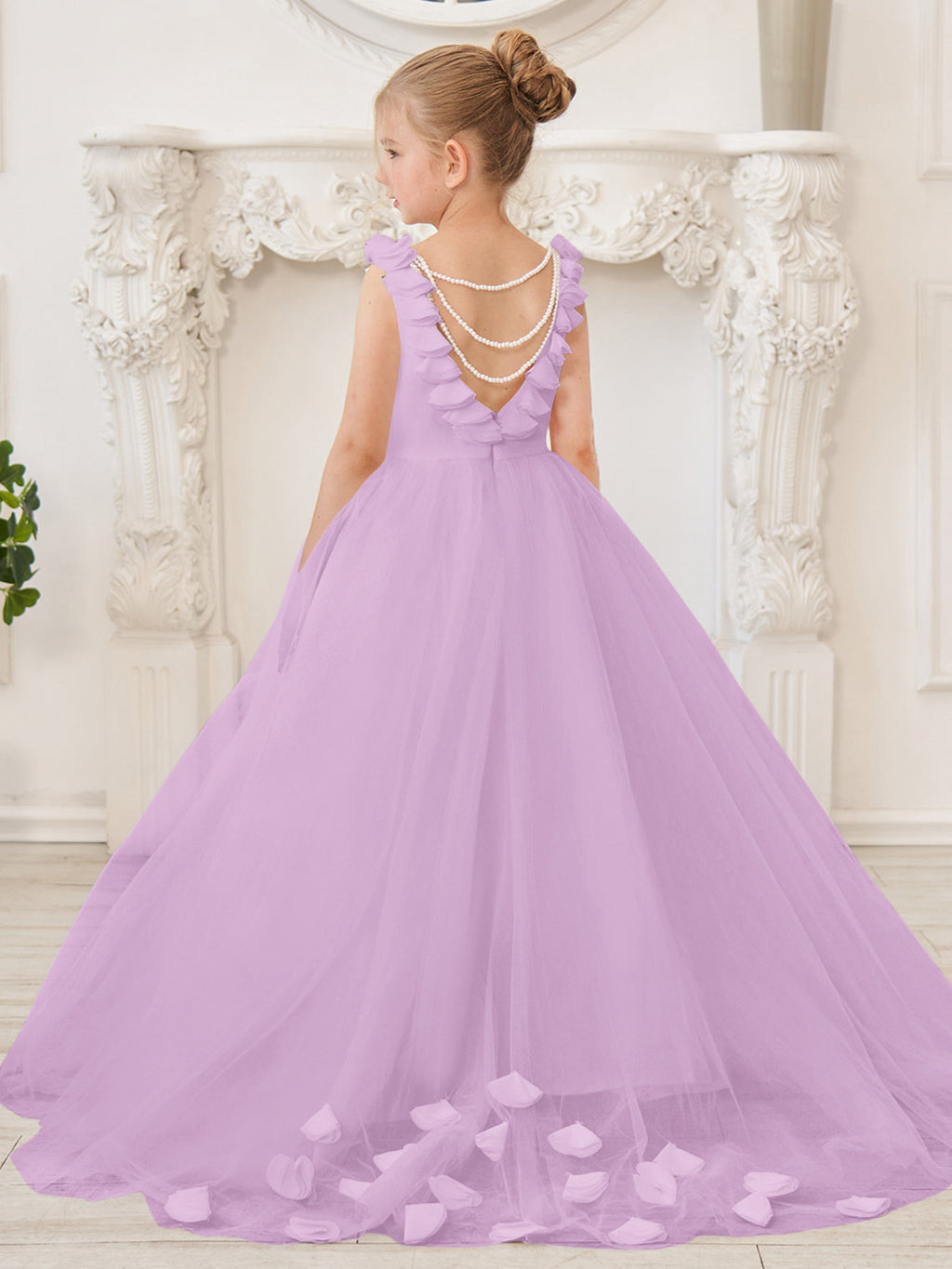 Elegante vestido blanco de tul para niña de las flores con cola corta 