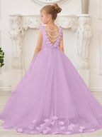 Elegante vestido blanco de tul para niña de las flores con cola corta 