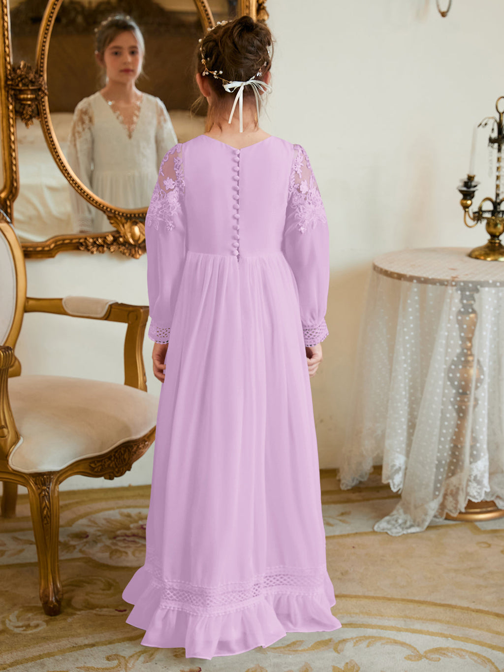 Vestido de Primera Comunión color marfil, corte en A, de gasa hasta el suelo 