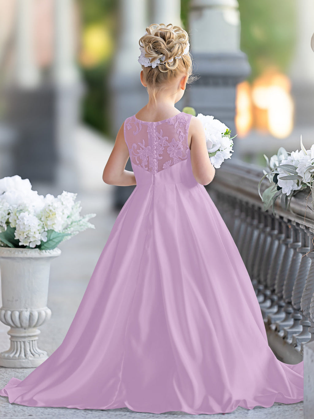 Vestido de niña de las flores para la Primera Comunión, corte en A, encaje y satén, hasta el suelo 