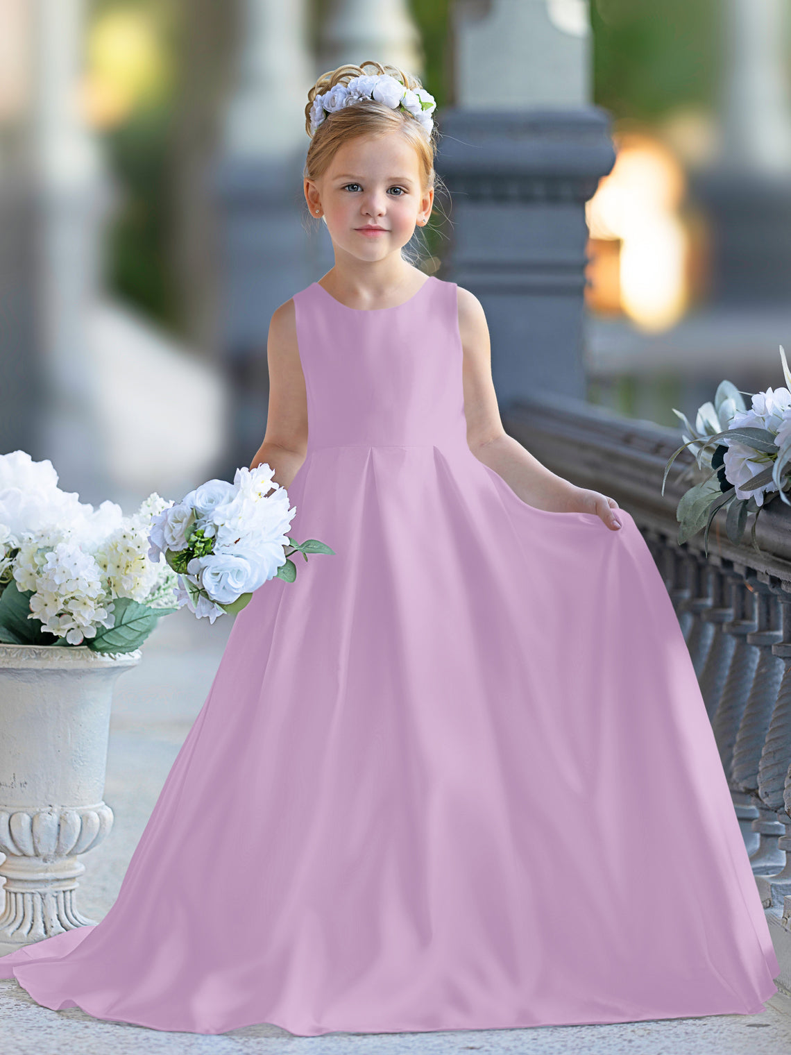 Vestido de niña de las flores para la Primera Comunión, corte en A, encaje y satén, hasta el suelo 