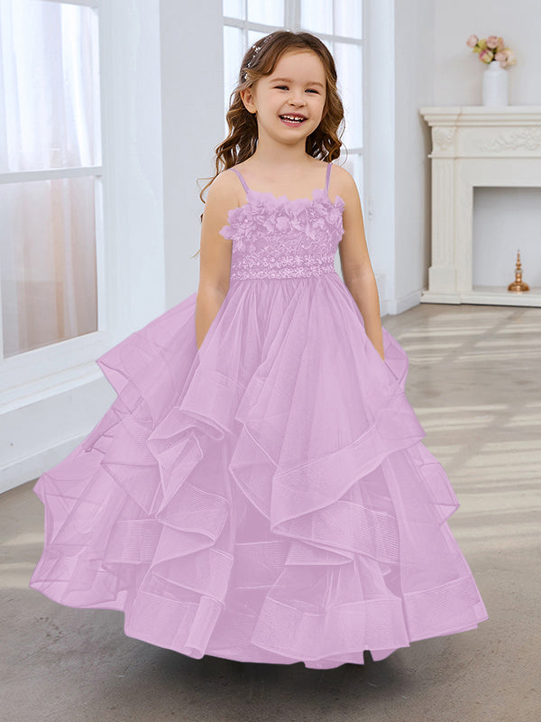 Vestido de niña de las flores de tul sin mangas, corte princesa, azul pizarra, corte en A, estilo princesa 
