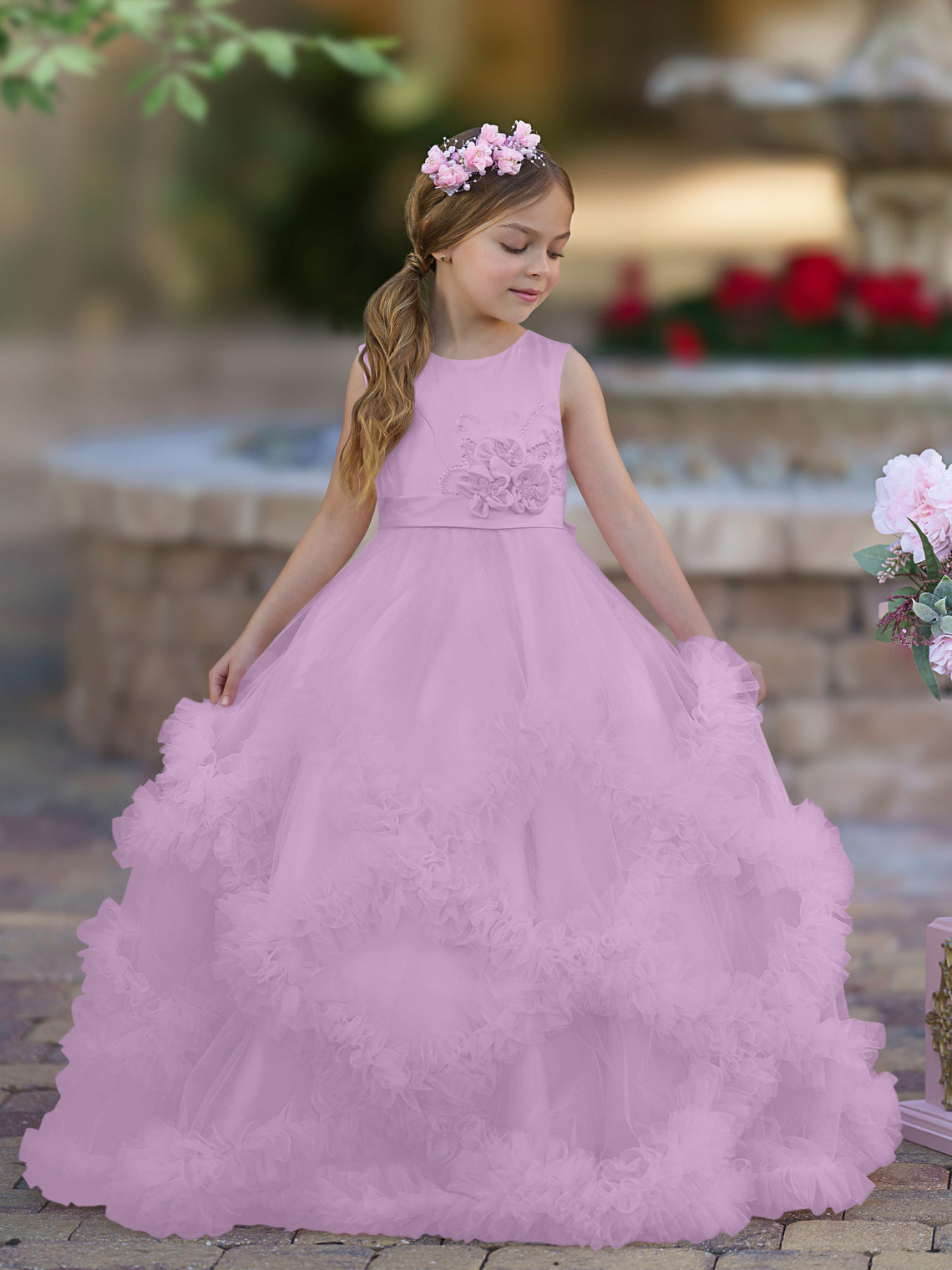 Vestido de niña de las flores de corte A, de satén y tul, hasta el suelo, con volantes en cascada. 