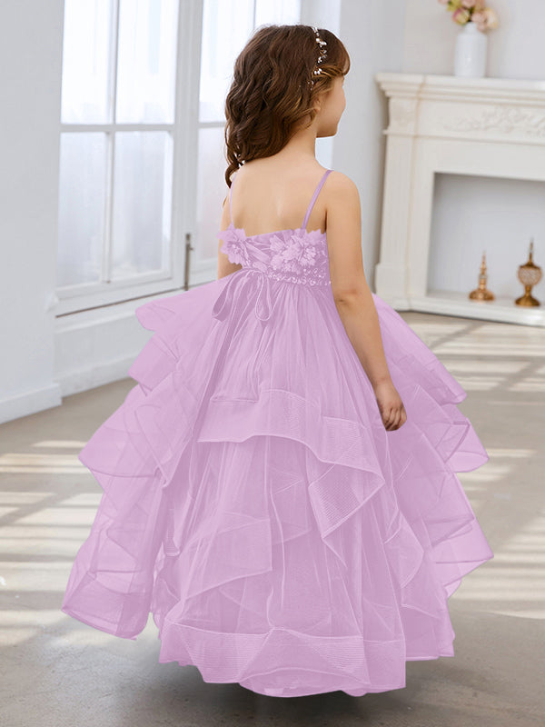Vestido de niña de las flores de tul sin mangas, corte princesa, azul pizarra, corte en A, estilo princesa 