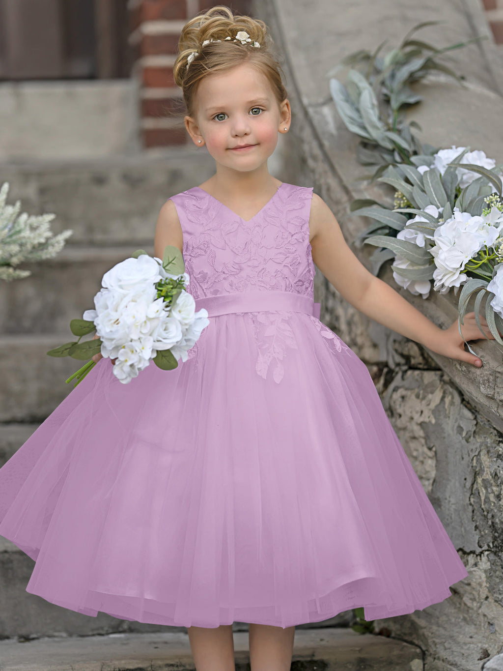 Vestido de niña de las flores sin mangas de tul y encaje hasta la rodilla 