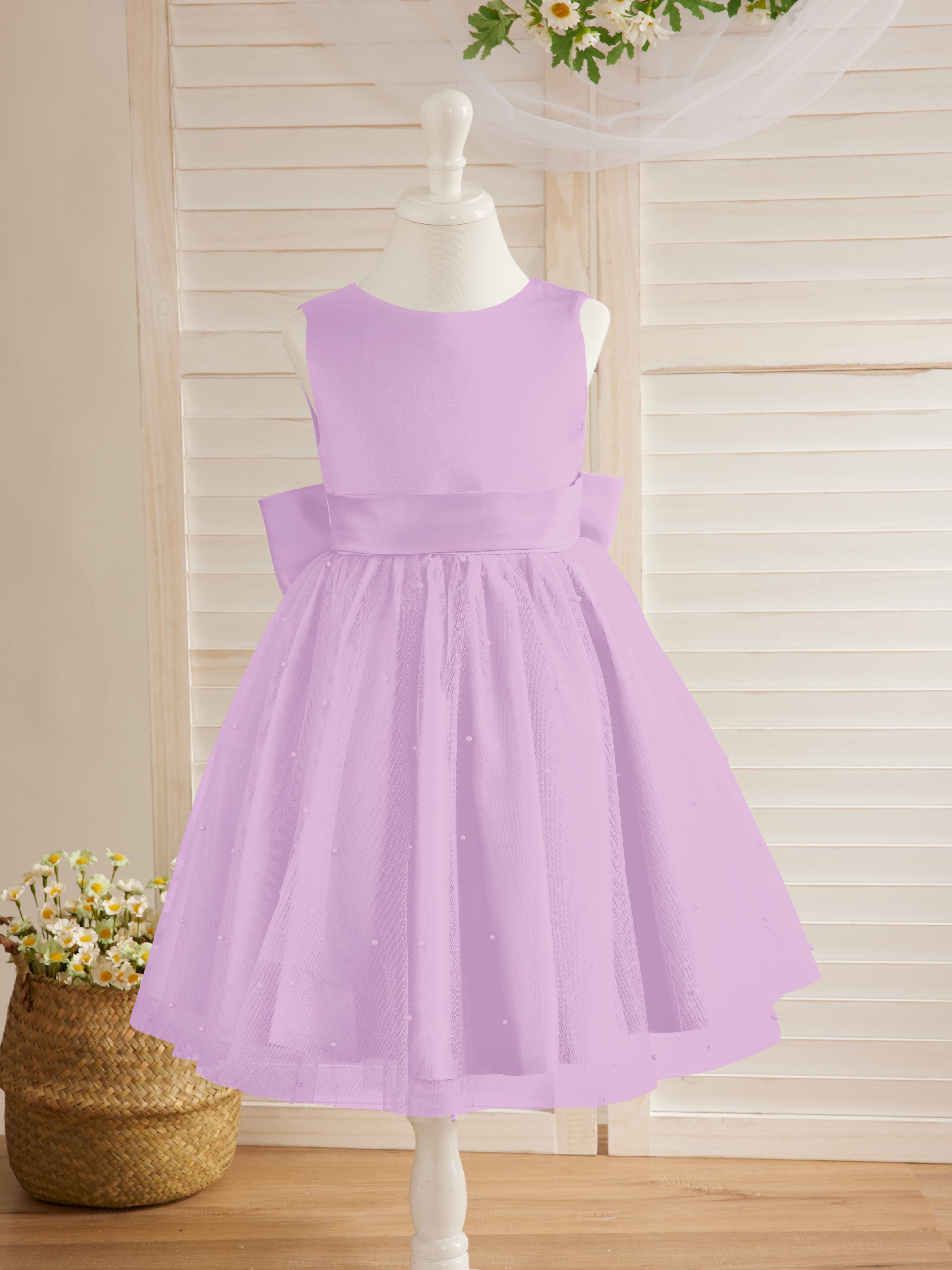 Vestido de princesa/vestido de princesa de satén y tul hasta la rodilla para niña de las flores 