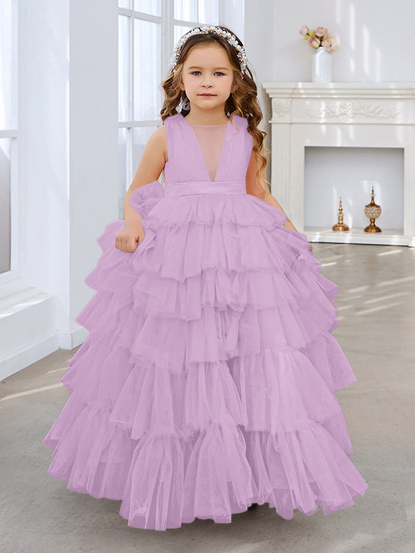 Vestido de princesa rosa perla sin mangas para niña de las flores con lazo de tul 