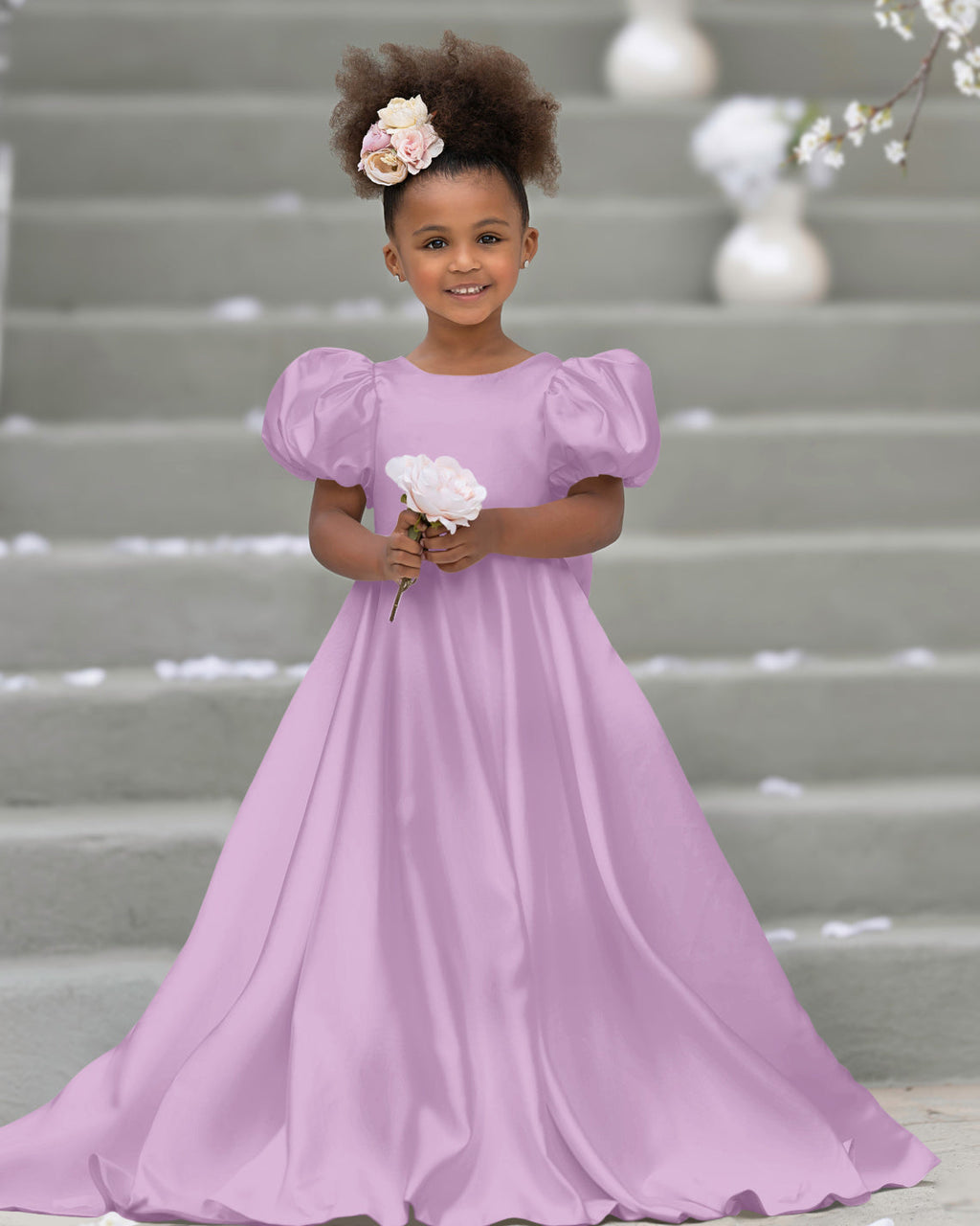 Vestido de niña de las flores con mangas abullonadas, lazo, botones en la espalda y cola de barrido 
